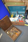 Wooden Box and a Tin Trunk of Painting and Decorating Accessories, Brushes, etc.