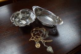 Two Hallmarked Silver Dishes plus Quantity of Silver Jewelry and 9ct Gold Chain and Pendant