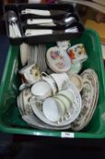 Dinner Plates, Part Tea Sets Including Aynsley and Others, plus Cutlery Tray and Contents