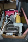 Box of Electrical items including Toaster, Iron, Hair Dryer etc