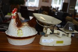 Vintage Kitchen Scales and a Hen Covered Egg Dish