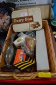 Basket of Collectibles; Old Tins, Coinage, etc.