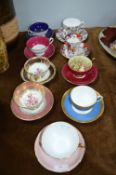 Nine Vintage Cups and Saucers Tiffany 1950s, Royal Worcester, Aynsley etc