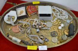 Tray Lot of Costume Jewellery, Scent Bottles, Coin