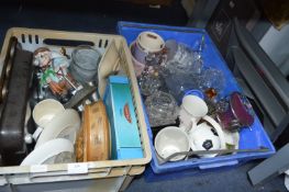 Two Plastic Boxes of Kitchenware and Household Goo