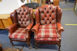 Pair of Red Leather Chesterfield Wing Chairs