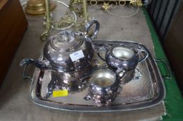 Pewter Tea Set; Tray, Teapot, Sugar Bowl & Cream J