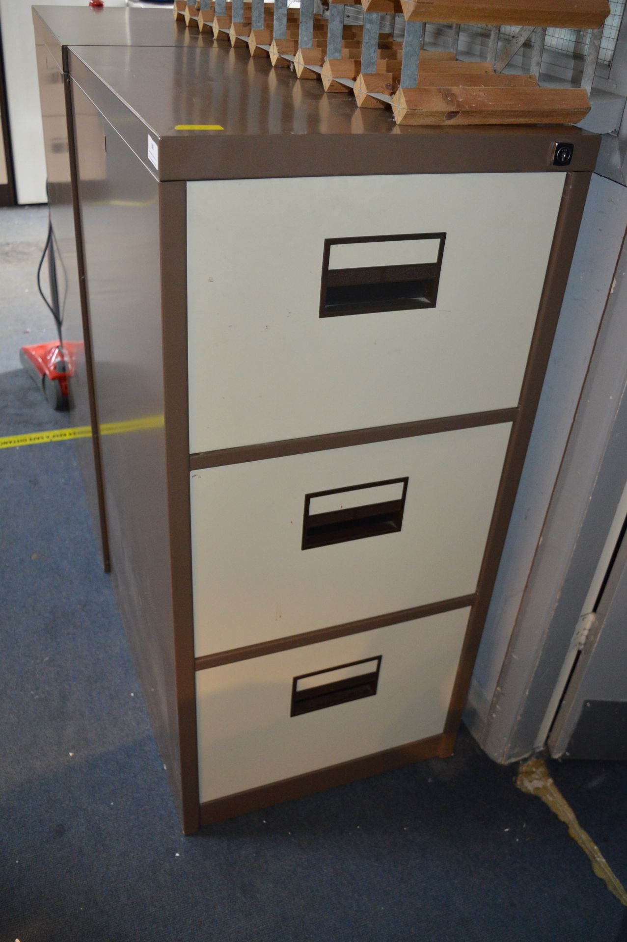 Brown & Cream Three Drawer Metal Filing Cabinet