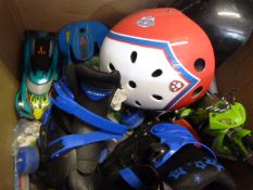 Box of Toys, Roller Skates, Helmets, etc.