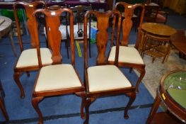 Four Mahogany High-Back Dining Chairs with Cabriole Legs and Pale Gold Upholstery