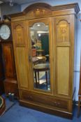 Edwardian Laid Mahogany Wardrobe with Beveled Edge Mirror