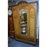 Edwardian Laid Mahogany Wardrobe with Beveled Edge Mirror