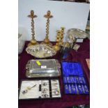 Brass Candlesticks, Plated Dishes, Cutlery, etc.