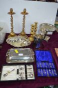 Brass Candlesticks, Plated Dishes, Cutlery, etc.