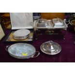 Silver Plate Spirit Burner Food Warmer plus Covered Dishes, Placemats, etc.