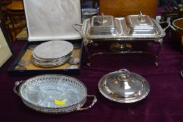 Silver Plate Spirit Burner Food Warmer plus Covered Dishes, Placemats, etc.