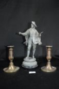 Spelter Figure of an Artist, plus a Pair of Brass Candle Sticks