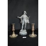 Spelter Figure of an Artist, plus a Pair of Brass Candle Sticks