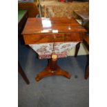 Victorian Walnut Sewing Box on Tripod Base with Floral Silk Embroidery