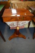 Victorian Walnut Sewing Box on Tripod Base with Floral Silk Embroidery