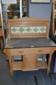 Edwardian Wooden Framed Wash Stand with Marble Top and Green Tile Back