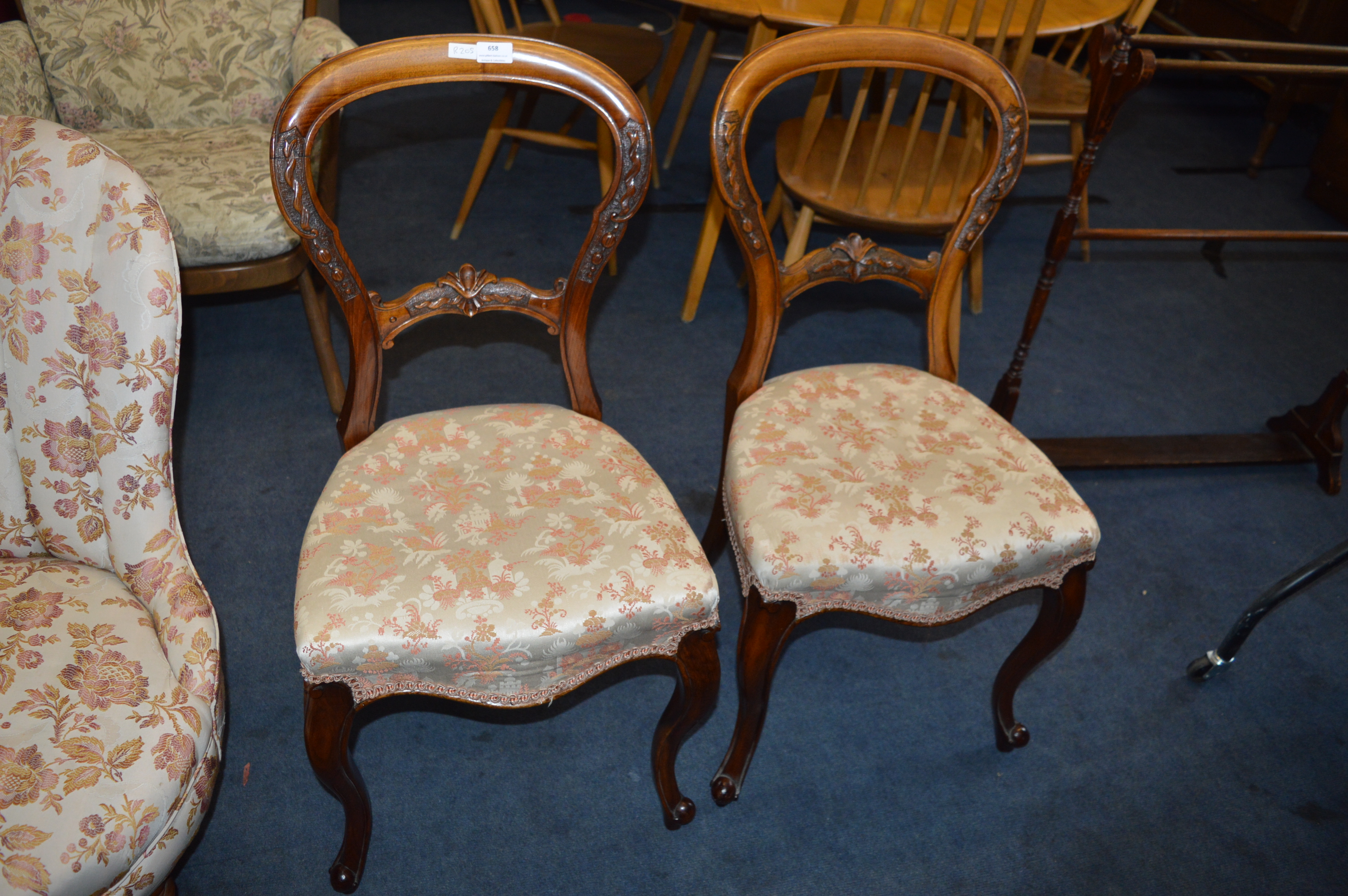 Pair of Balloon Back Victorian Mahogany Dining Chairs with Floral Upholstery - Image 2 of 2