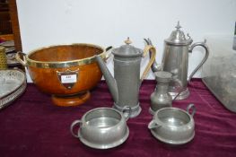 Turned Oak Fruit Bowl and Pewter Coffee Set