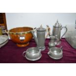 Turned Oak Fruit Bowl and Pewter Coffee Set