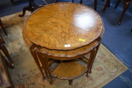 1950's Piecrust Walnut Veneer Coffee Table with Four Pullout Nesting Tables