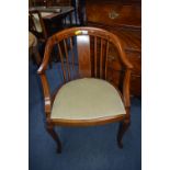 Edwardian Inlaid Mahogany Armchair with Pale Gold Velvet Upholstered on Cabriole Legs