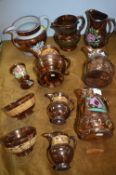 Victorian Copper Luster Jugs and Bowls 11 Pieces