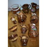 Victorian Copper Luster Jugs and Bowls 11 Pieces