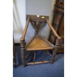 Carved Oak Bobbin Triangular Corner Chair