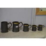 Five Victorian Pewter Beer Tankards with Brass Collars