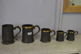 Five Victorian Pewter Beer Tankards with Brass Collars