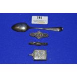 Hallmarked Sterling Silver Locket, Teaspoon, and Two Brooches ~22g total