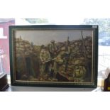 Framed Impressionist Painting of British WWI Troops in the Trenches