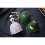 Three Enamel Industrial Light Shades and Fittings