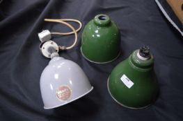 Three Enamel Industrial Light Shades and Fittings