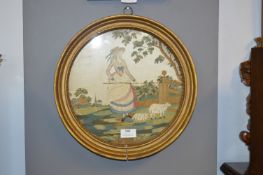 Gilt Framed Georgian Silk Tapestry of a Shepherdess (AF)