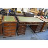 Distressed Reproduction Desk with Gilt Tooled Inlaid Leather Top, with Matching Four Drawer Chest