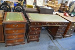 Distressed Reproduction Desk with Gilt Tooled Inlaid Leather Top, with Matching Four Drawer Chest