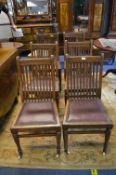 Six Victorian Oak Slat-back Dining Chairs with Red Vinyl Upholstery