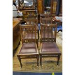 Six Victorian Oak Slat-back Dining Chairs with Red Vinyl Upholstery