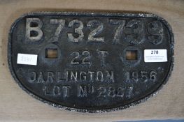 Railway Truck Plate - Darlington 1956