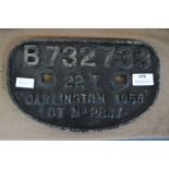 Railway Truck Plate - Darlington 1956