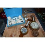 Vintage Items Including Part Picnic Set, Barometers, and a Ships Light on a Gimbal