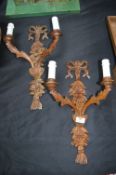 Pair of Carved Wooden Candle Effect Wall Lights