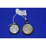 Two Ladies Continental Silver Pocket Watches (One with Enameled Face)