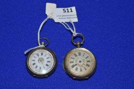 Two Ladies Continental Silver Pocket Watches (One with Enameled Face)